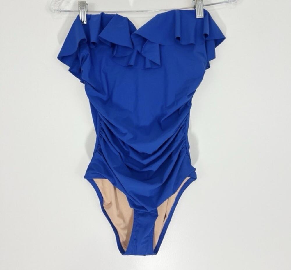 New! J. Crew Matte Ruched One-Piece Swimsuit Ruffles Size 8 Style Blue Slimming